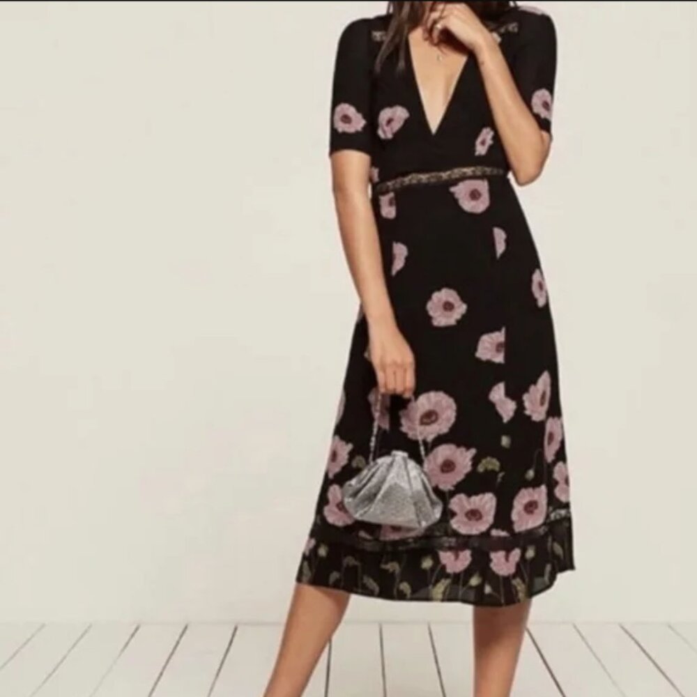 Reformation Alina Midi Dress: Pink Black Floral Sz 4. Rip in lace (see Photos)
